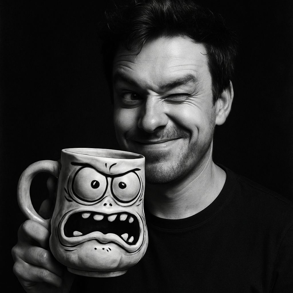 Sam winking holding a bizarre mug