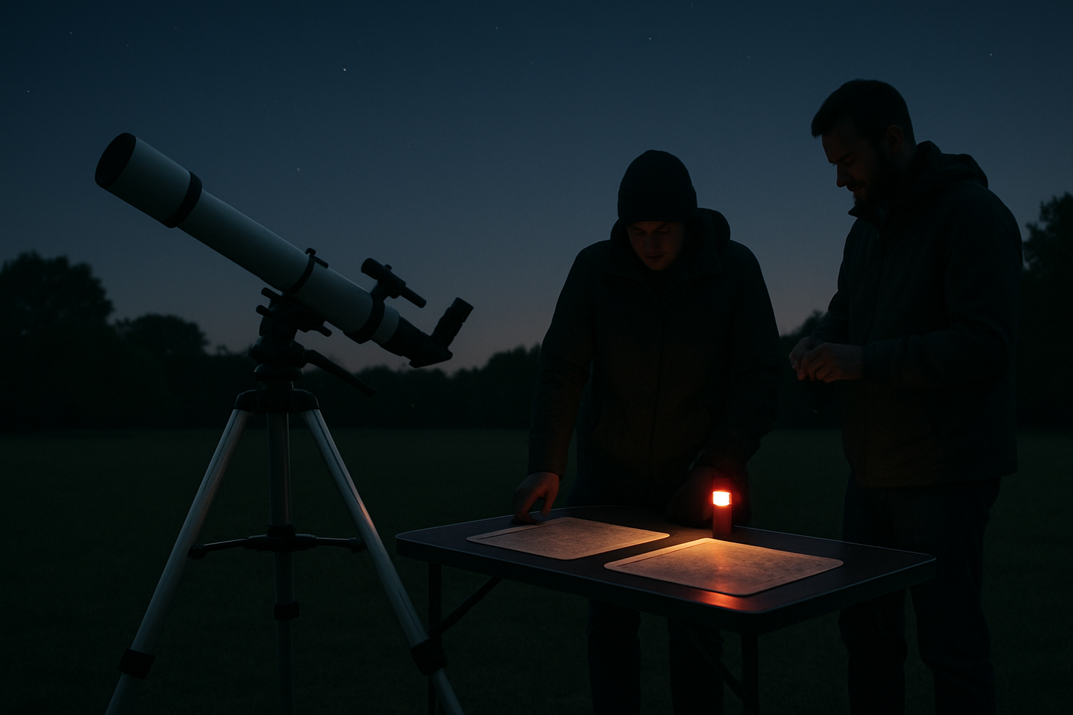 Volunteer telescope setup on a field at dusk with a printed star chart on a tripod table