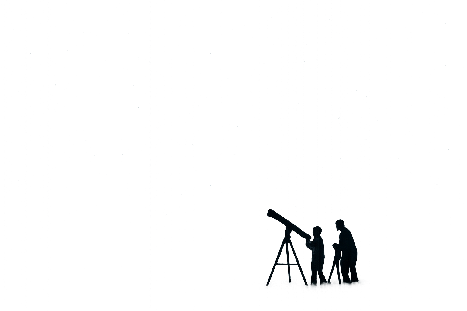 Quiet stargazing scene with two observers on a dark horizon under a clear, star-filled night sky