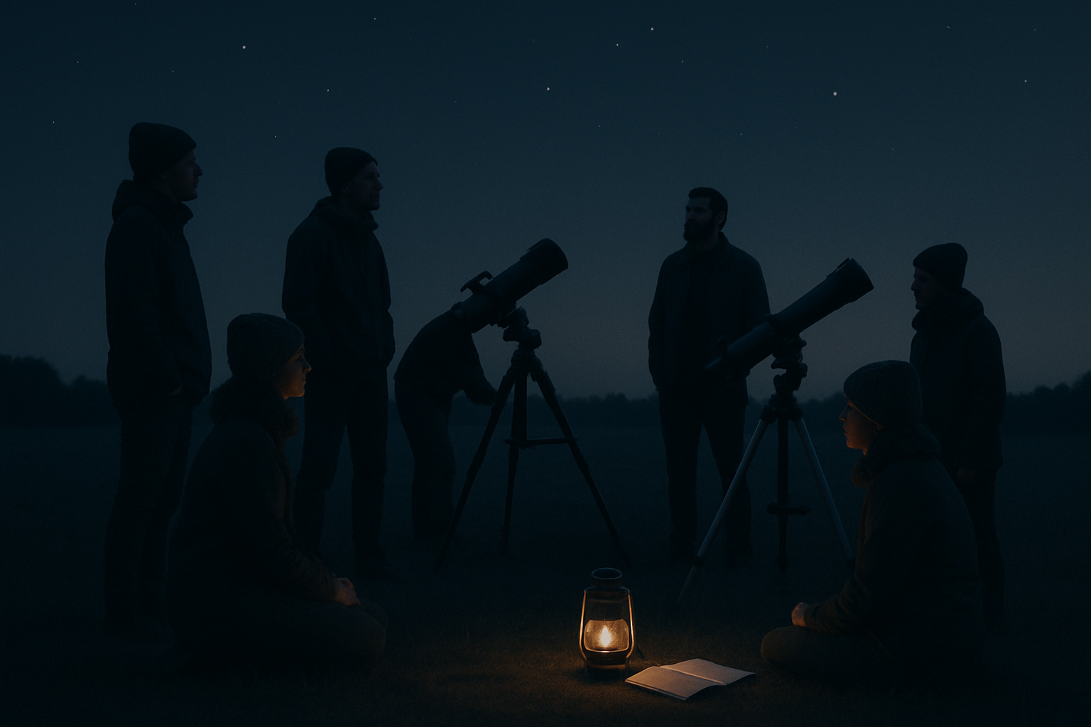 Small group of community members quietly skywatching near telescopes at dusk under a deep navy sky