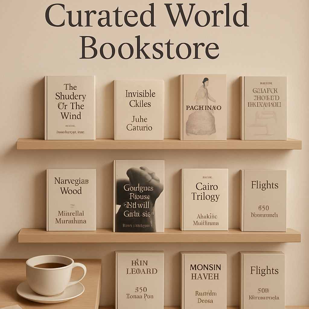 Stack of modern hardcover books with neutral linen covers and subtle gold foiling, arranged beside a black reading lamp and a ceramic cup on a walnut table