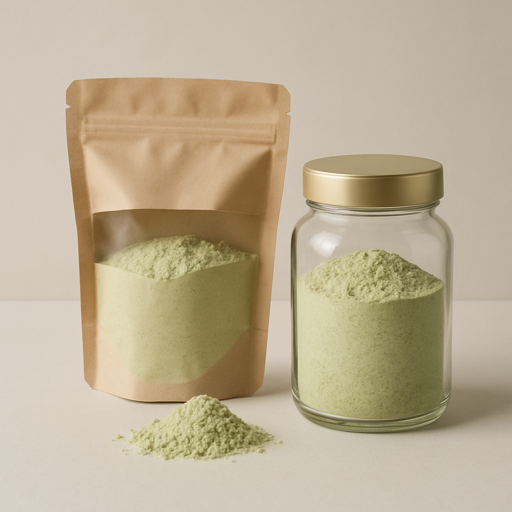Open kraft paper pouch and glass jar filled with pale green botanical extract powder on a neutral studio surface.
