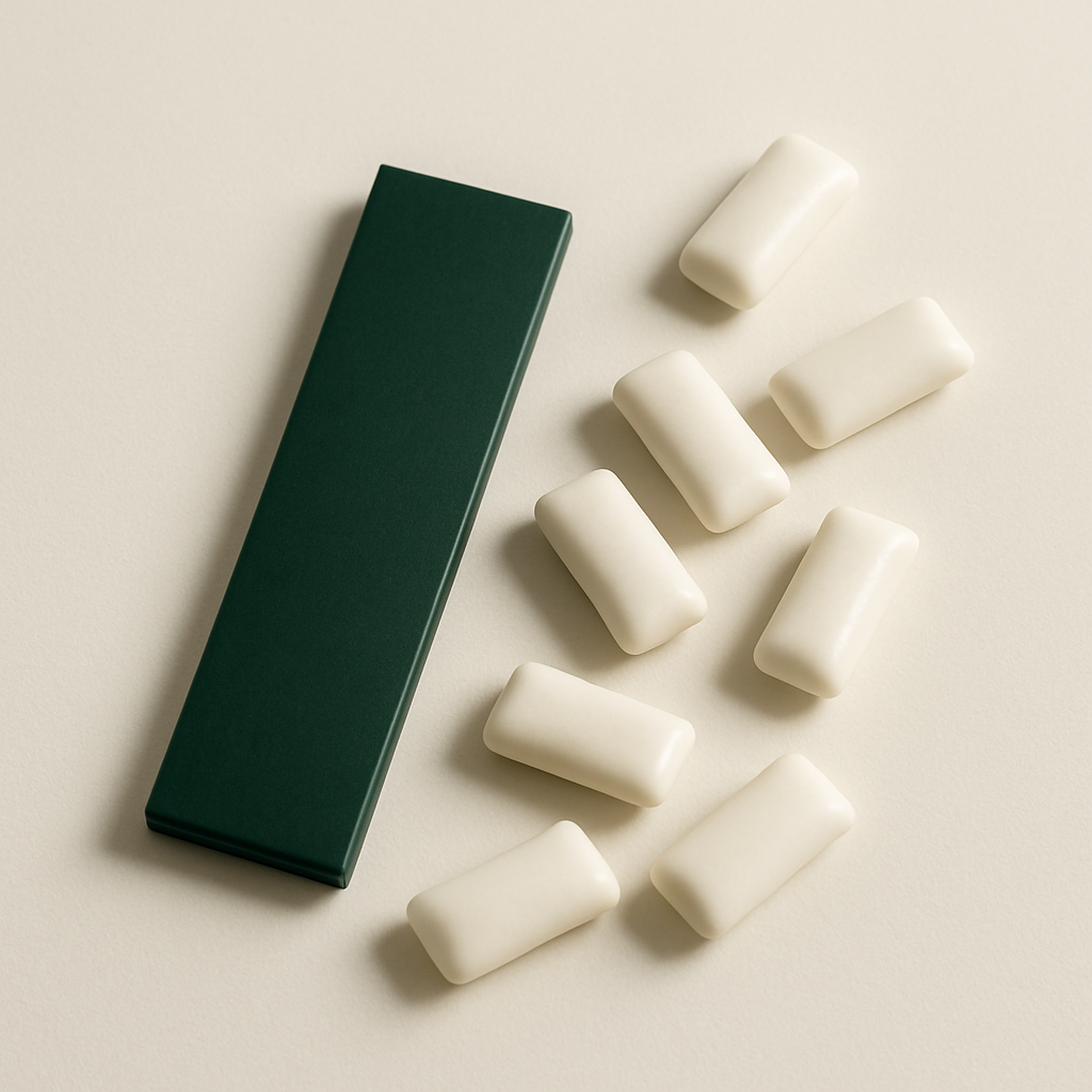 Minimalist chewing gum pieces in soft white with a slim deep green sleeve, arranged on a premium tabletop.