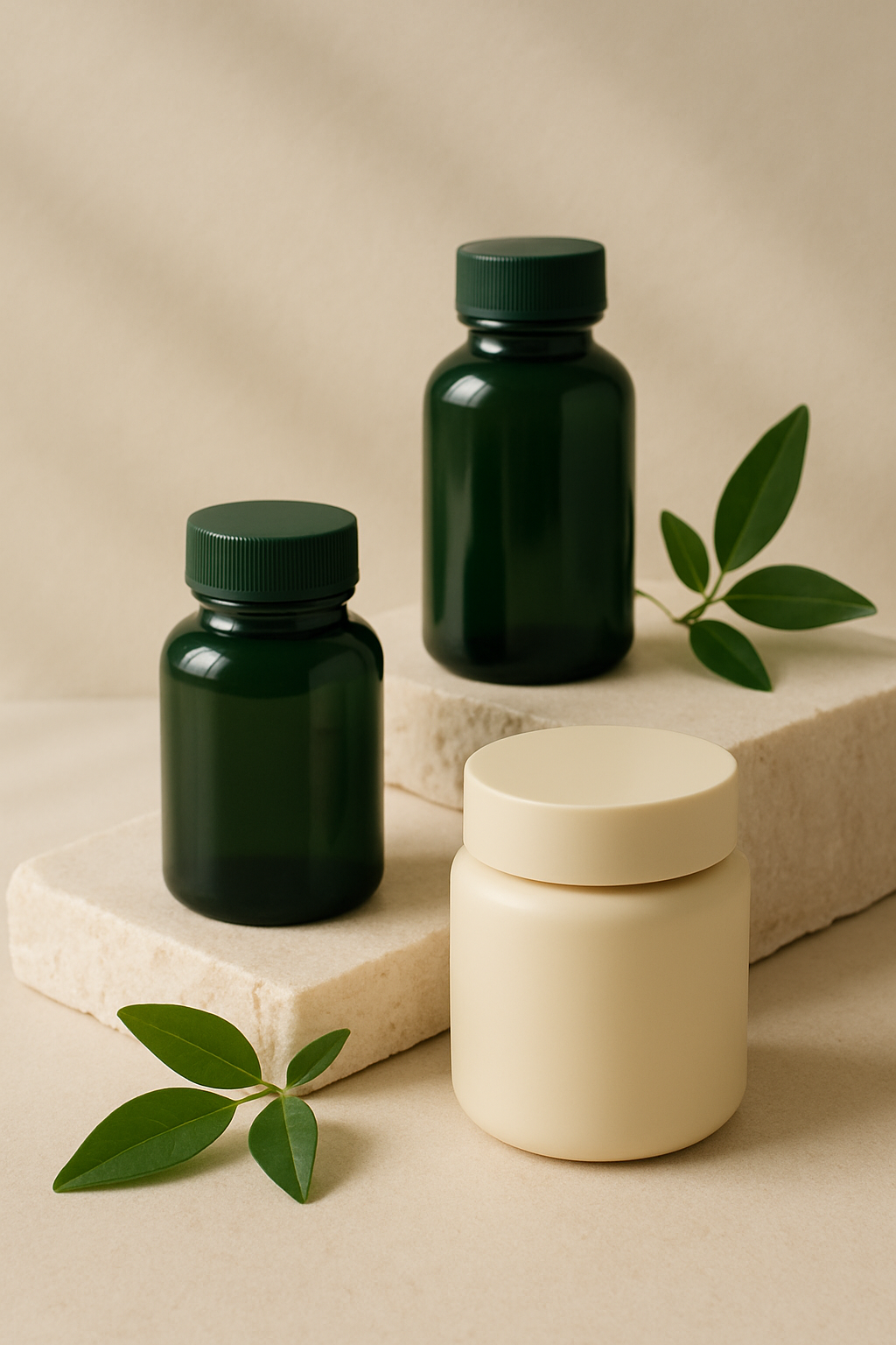 Minimal premium supplement still life with green glass bottles and plant leaves on warm off-white stone