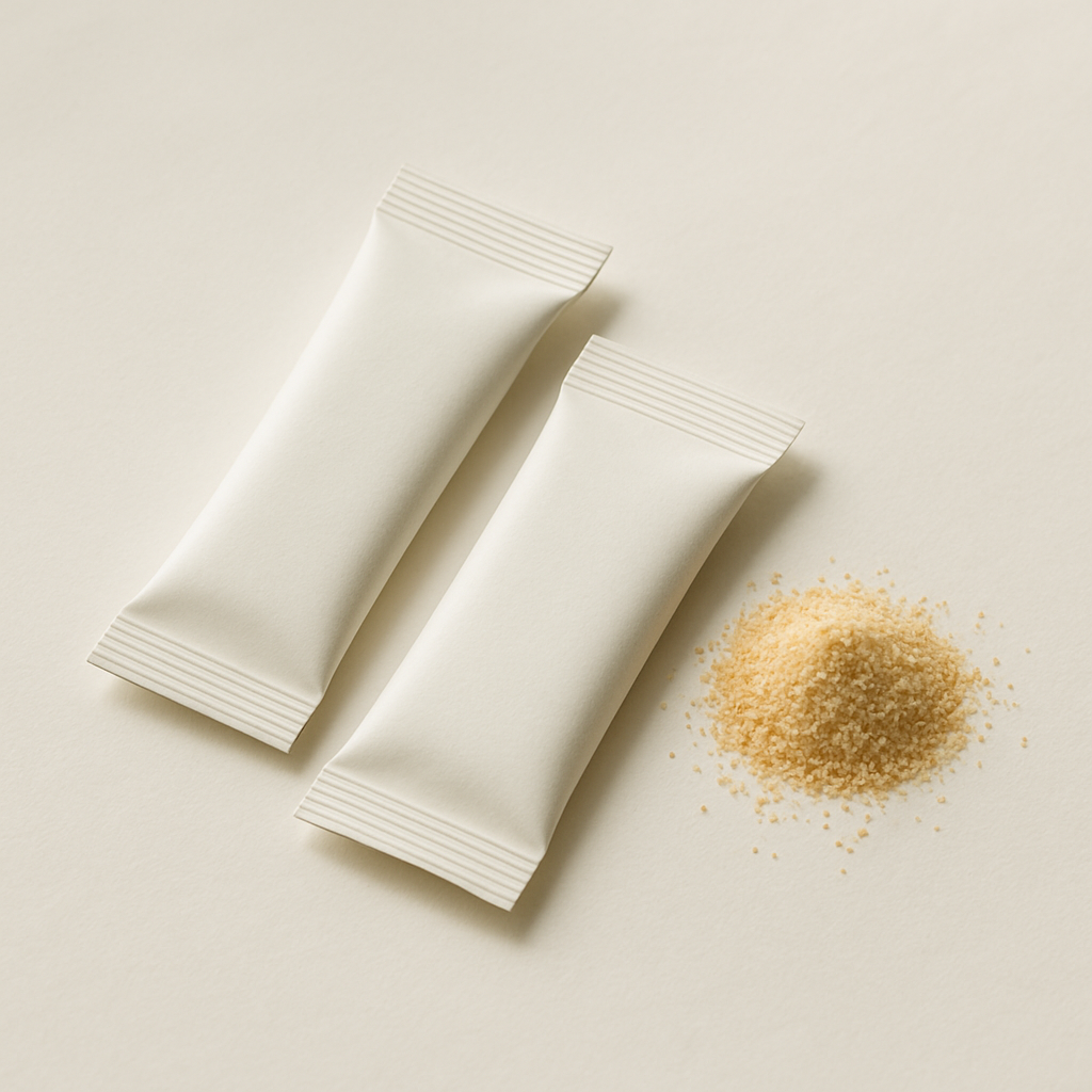 Single-serve granule sachets in muted white with a small pile of tan granules on a premium off-white surface.