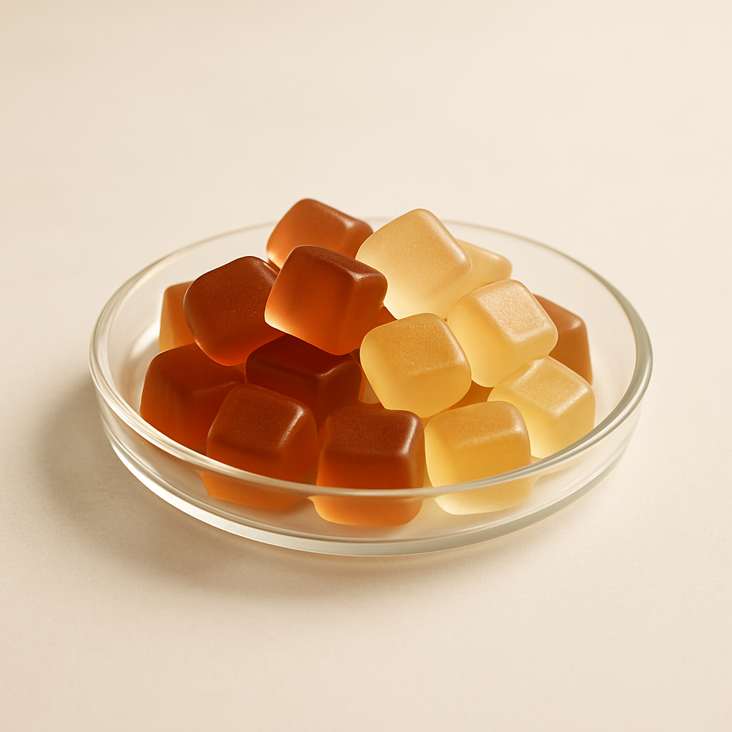 Translucent amber and light gold gummy supplements in a glass dish with soft studio lighting.