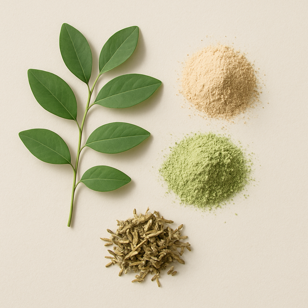 Natural botanical powders and leaves arranged on a light surface
