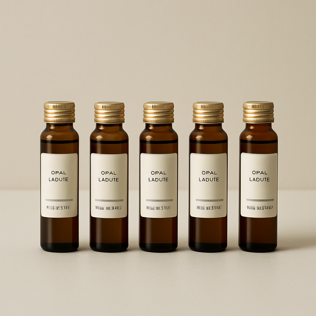 Slim amber glass oral liquid vials with minimal labels arranged in a neat row on a clean off-white studio surface.