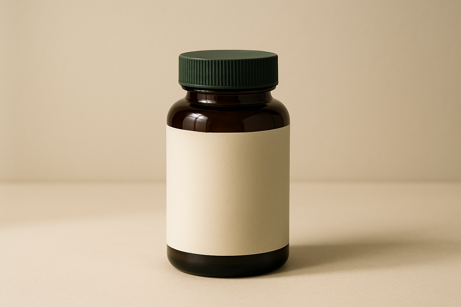 Minimalist wellness supplement bottle with soft labels on a neutral backdrop