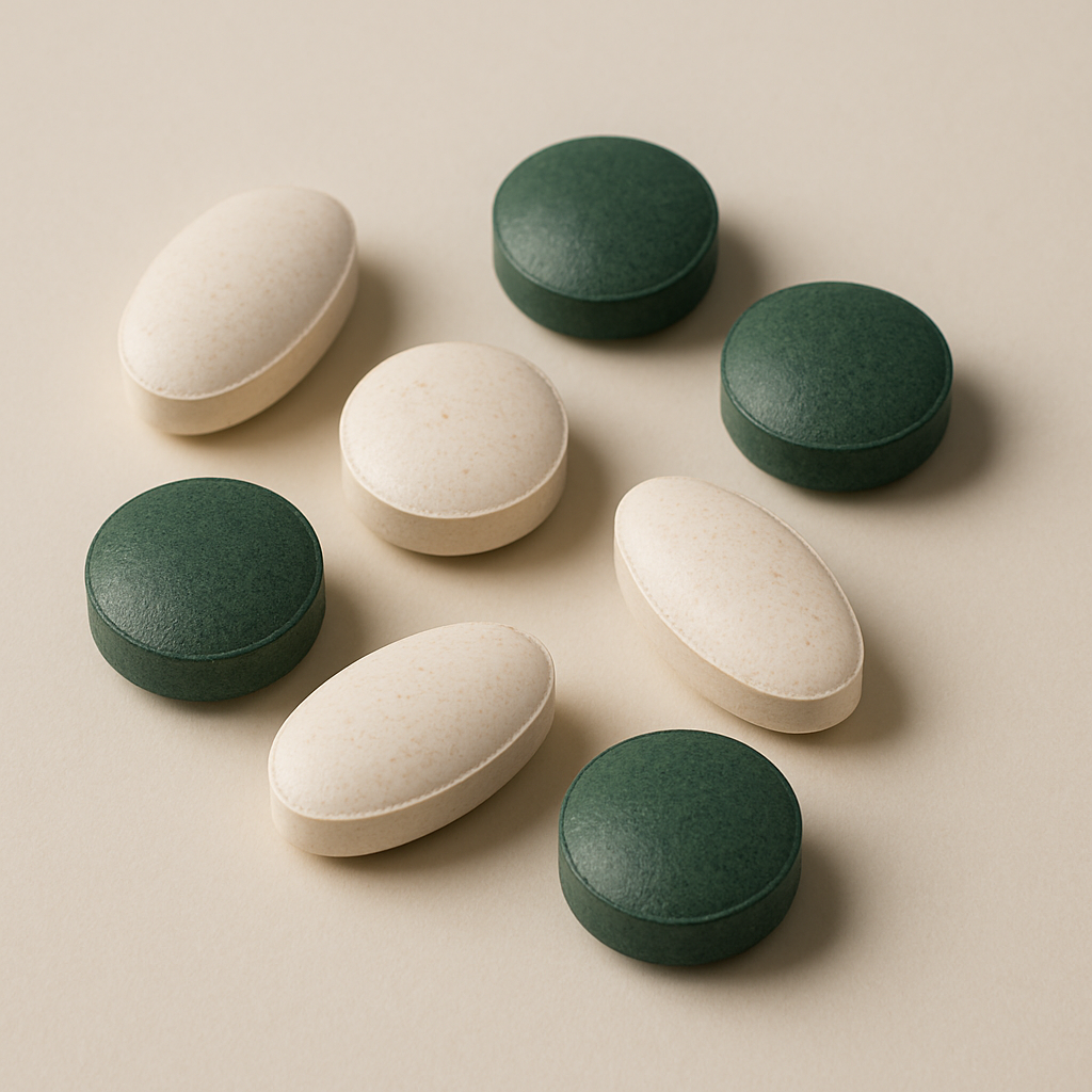 Assorted round and oval dietary supplement tablets in matte off-white and deep green tones arranged on a warm off-white surface.