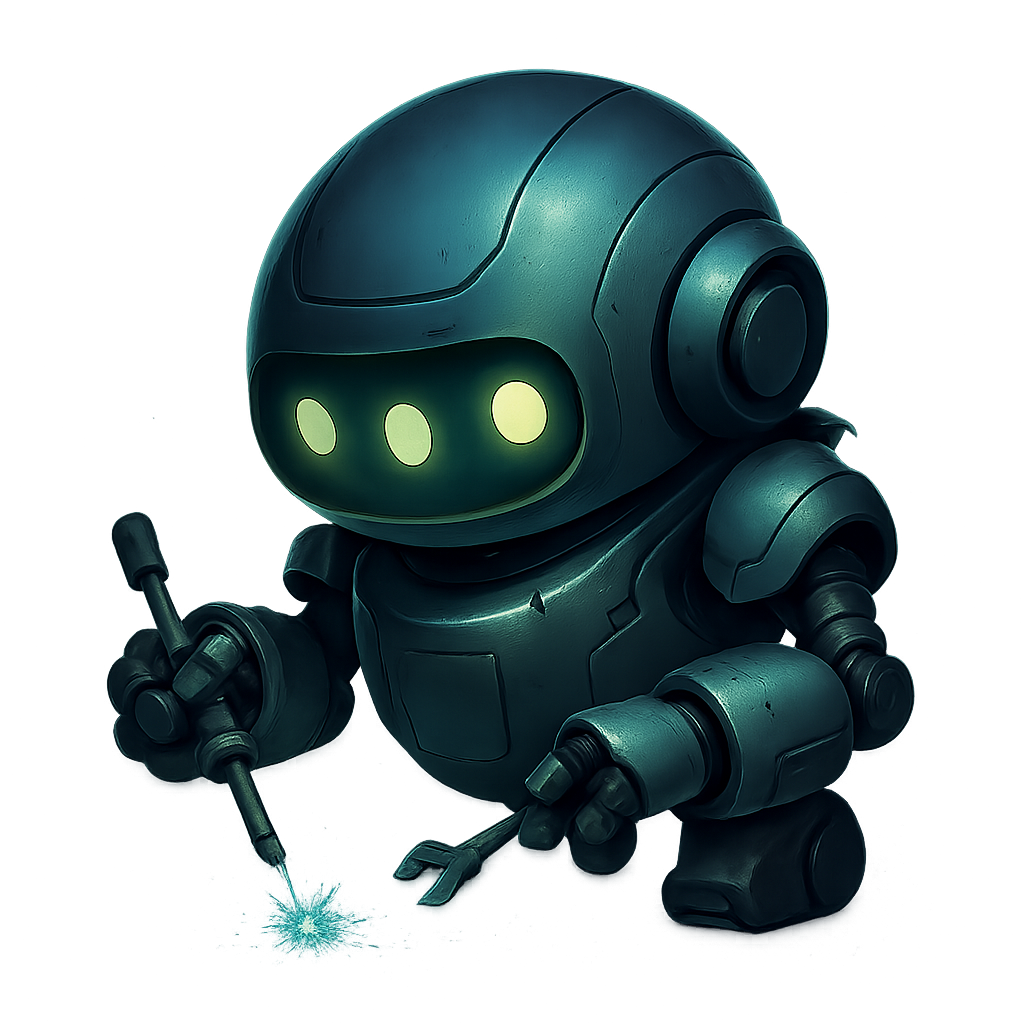 Small animated-style repair droid working with tools
