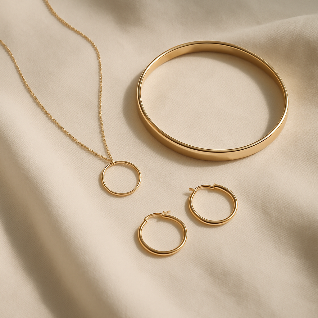 Minimalist gold jewelry set with delicate chain necklace, slim bangle, and small hoop earrings arranged on a soft neutral fabric.