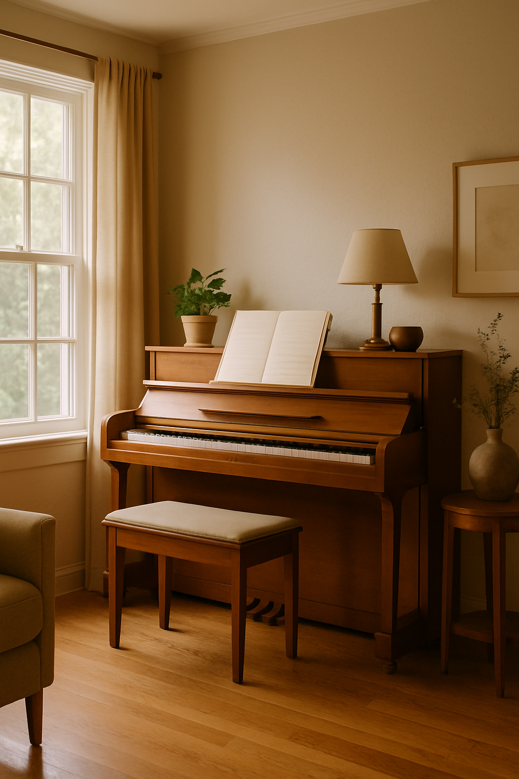 Tasteful acoustic piano in a warm, sunlit home interior with natural wood tones and a calm, refined atmosphere