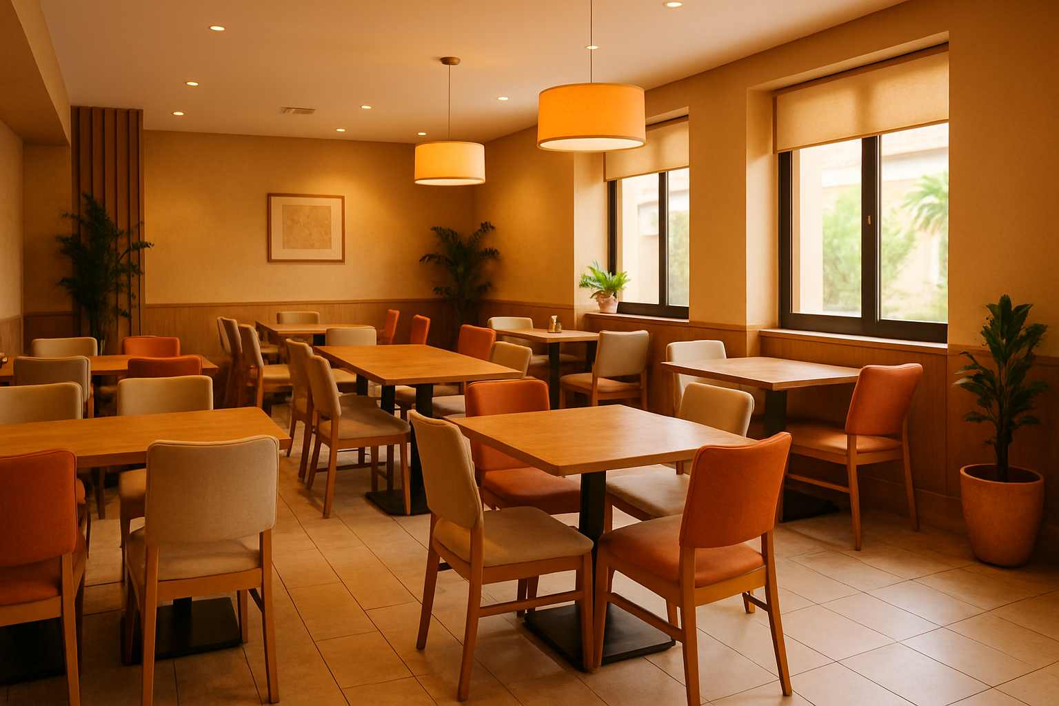 Bright, modern dining room with warm lighting, wooden tables, and a welcoming family-friendly atmosphere