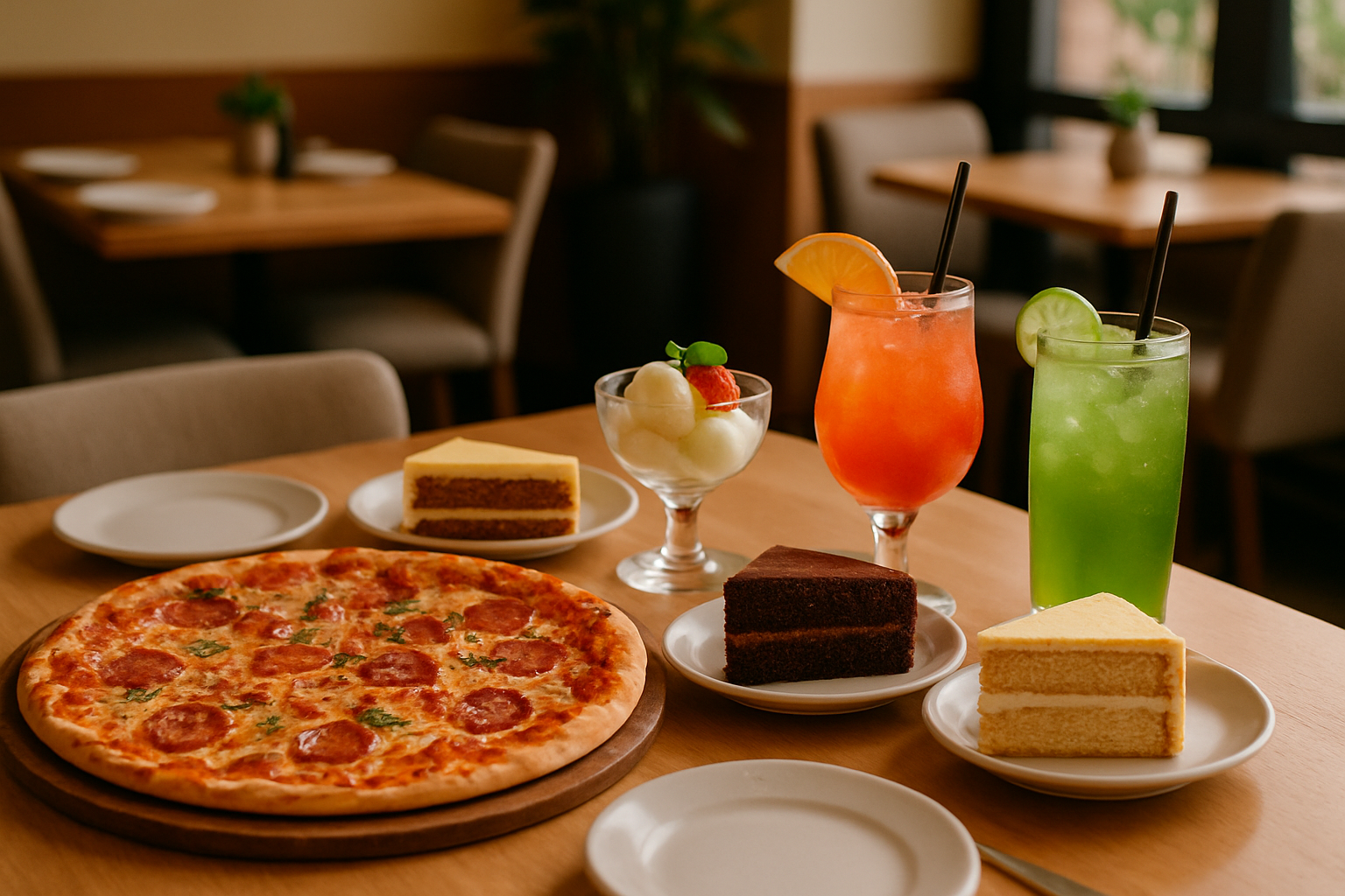A warm table setting with pizza, cake slices, ice cream, and drinks in a modern restaurant