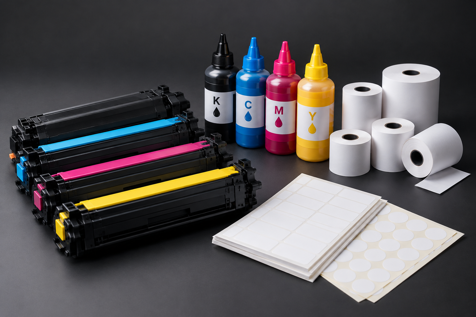 Premium printer supplies arrangement featuring toner cartridges, ink bottles, and labels on dark neutral background