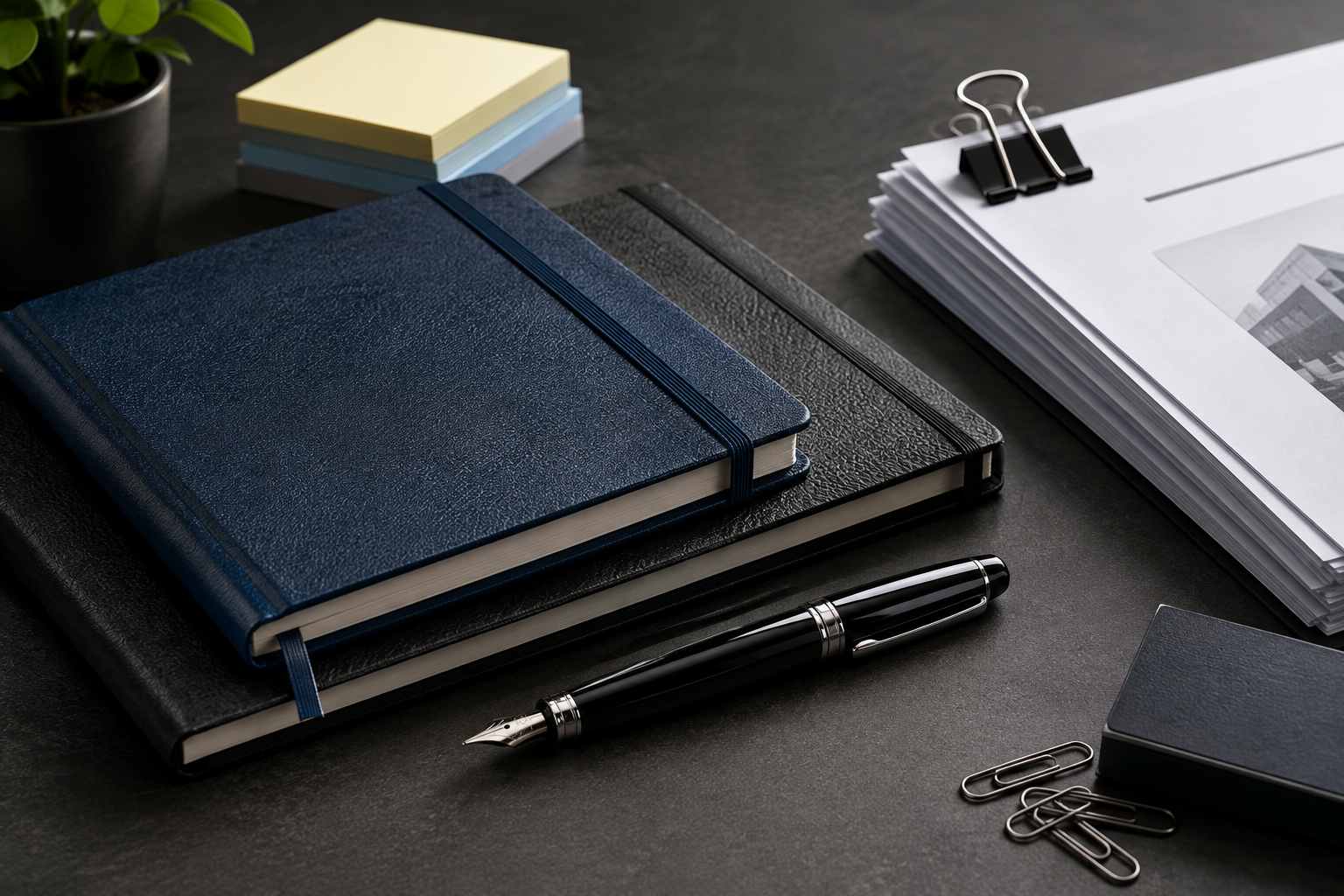 Luxury stationery flat lay with notebooks, fountain pens, and textured paper on a dark neutral studio setup