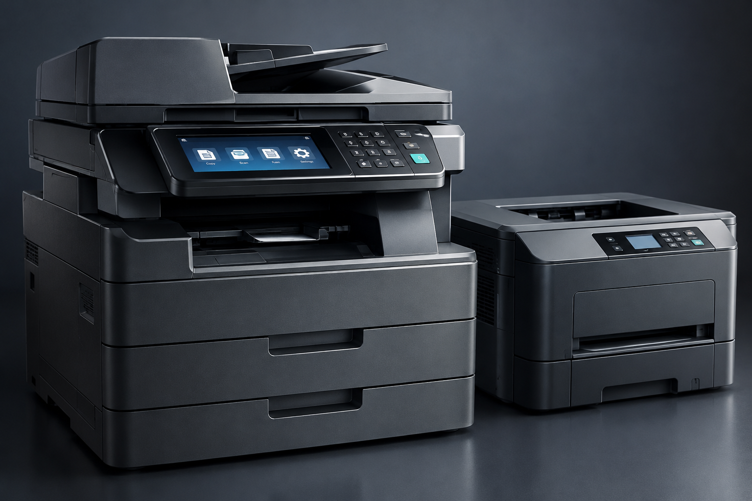 Modern office printer equipment close-up with premium matte finish in low-key studio lighting