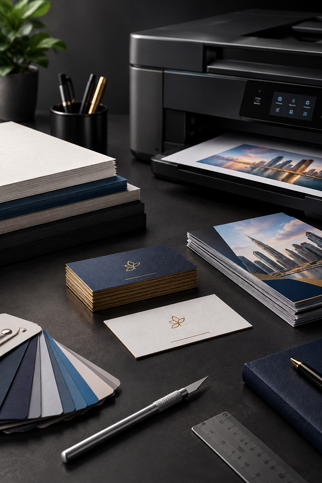 Luxury studio-style close-up of premium stationery and print samples with soft directional lighting, textured paper, elegant business cards, and precision printing tools beside a modern dark-finish printer