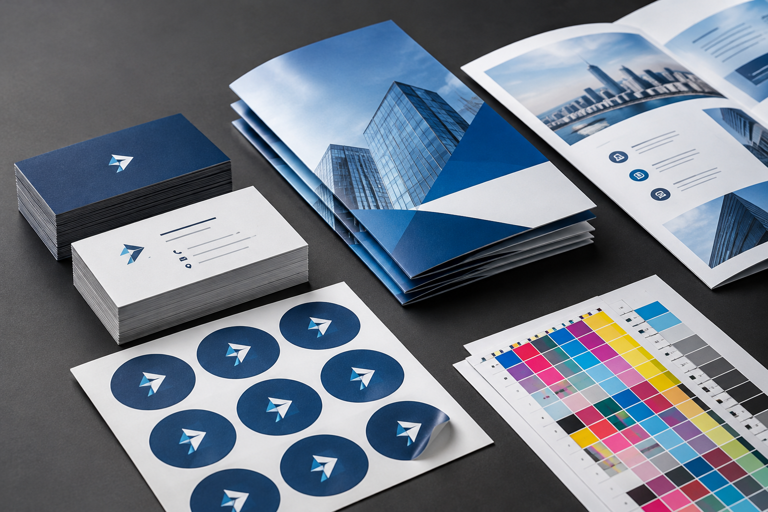 High-end commercial print output close-up with stacked business cards, brochures, and precise color proofs in moody studio light