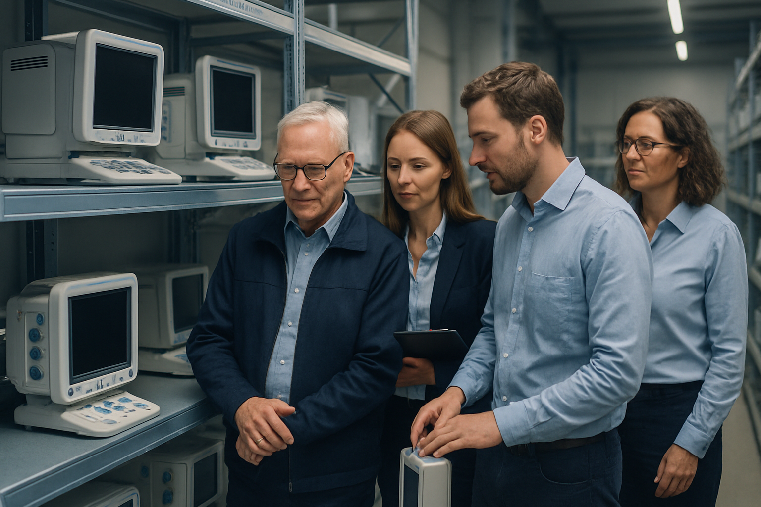DuelX Medical sourcing team reviewing refurbished medical equipment in a modern European warehouse