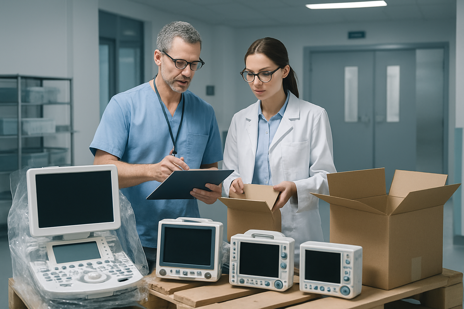 European medical equipment professionals coordinating a hospital technology shipment