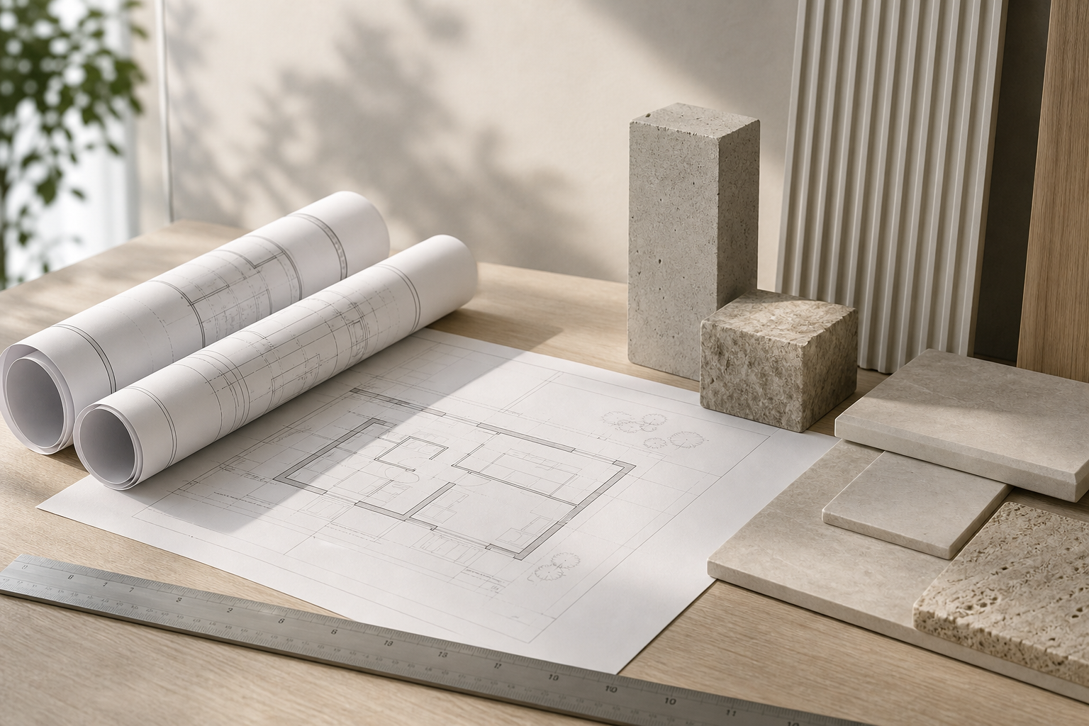 Softly lit architectural drawing table with rolled plans and clean modern material samples