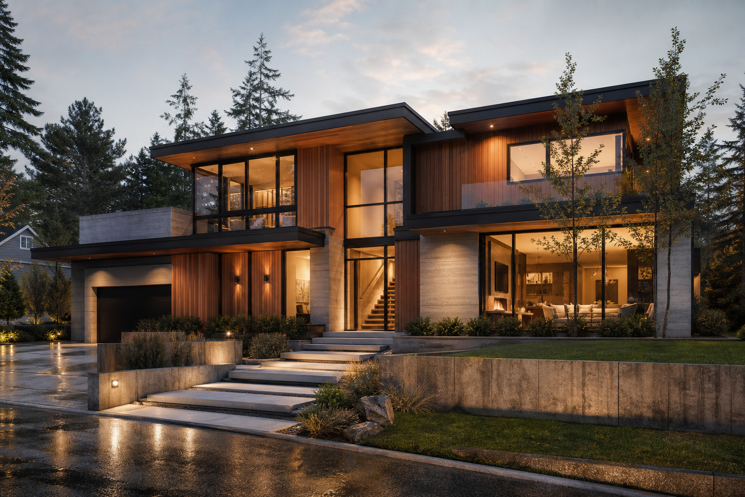 Photoreal residential exterior render of a custom Northwest home at dusk with warm interior lighting and clean landscaping