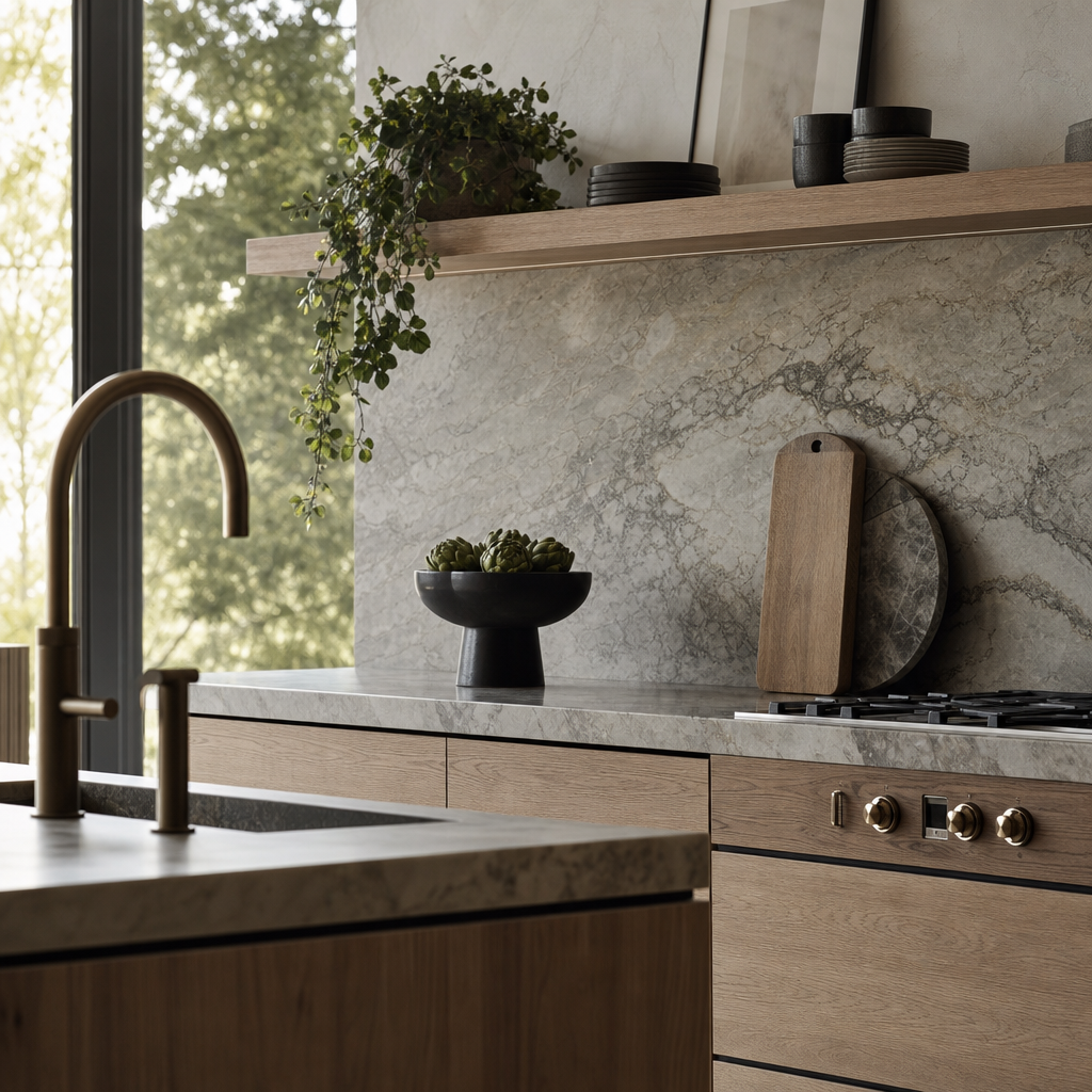 Interior detail crop render showing premium kitchen material textures, natural light, and styled finishes