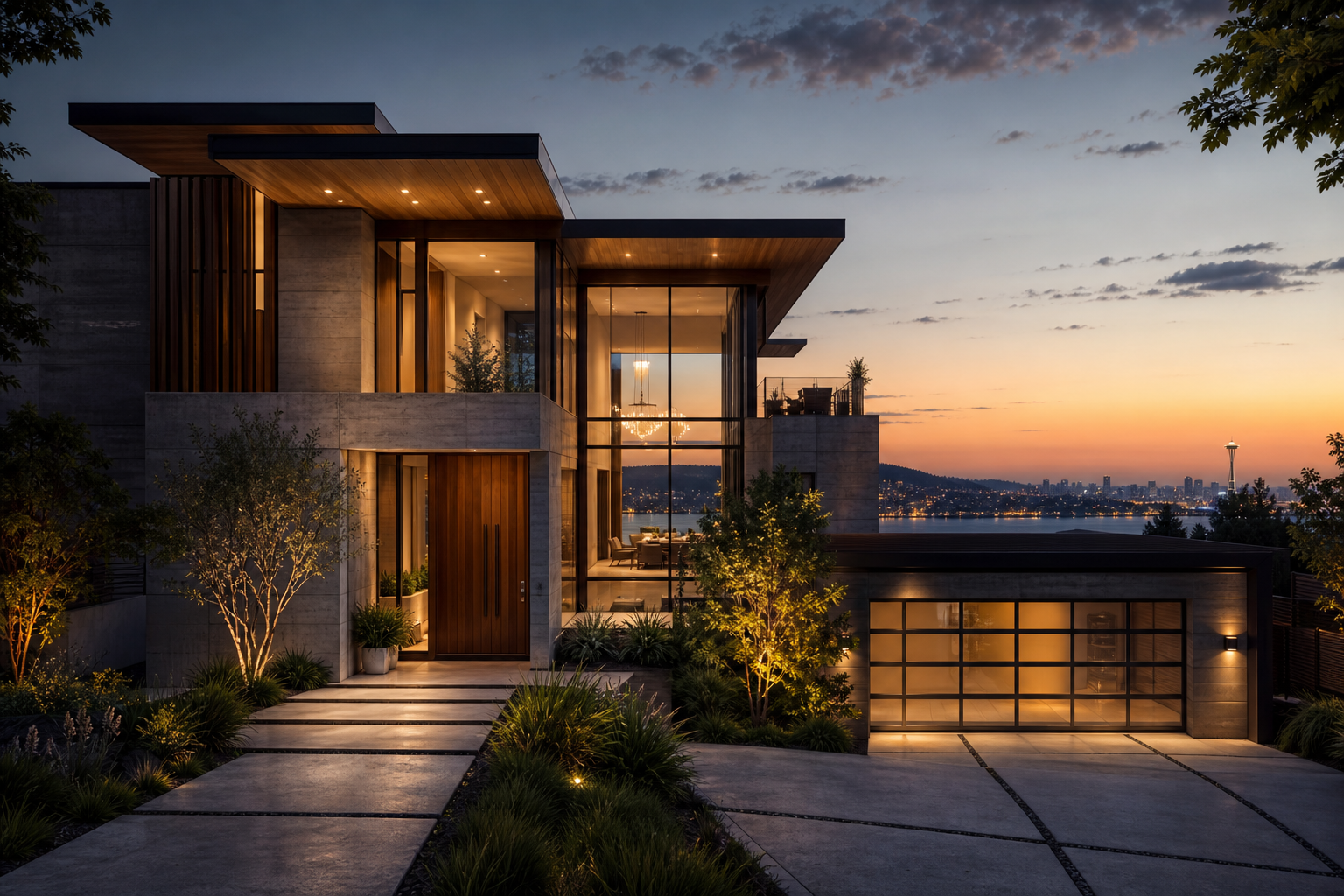 Photoreal exterior architectural render of a contemporary luxury custom home at dusk with warm interior glow, landscaped entry, and clean modern lines