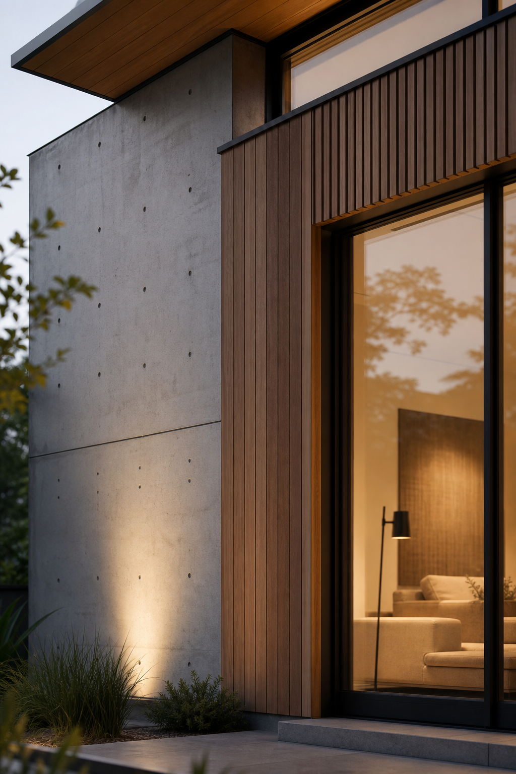 Close-up architectural detail crop of a modern custom home facade with warm evening light on textured concrete, oak slats, and large glass reflections