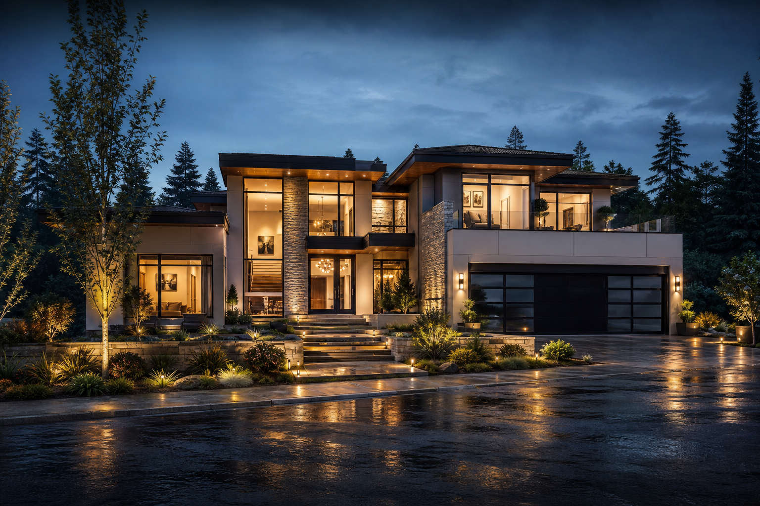 Marketing-focused twilight exterior render