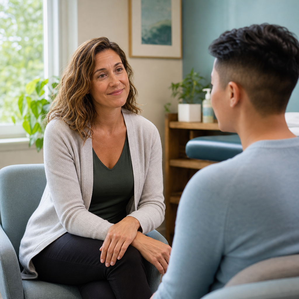 Warm, respectful consultation with gender-diverse patients in soft natural light
