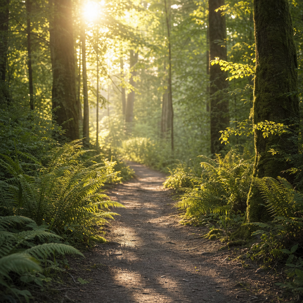 Misty evergreen forest with soft morning light filtering through tall trees, mossy ground, and calm green-blue tones