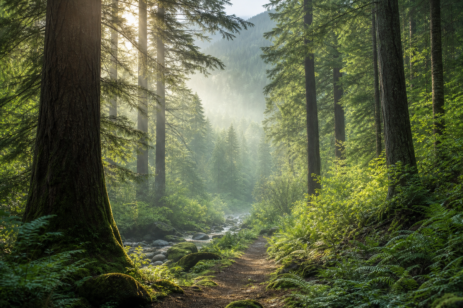 Calming forest canopy with soft green light filtering through tall evergreen trees