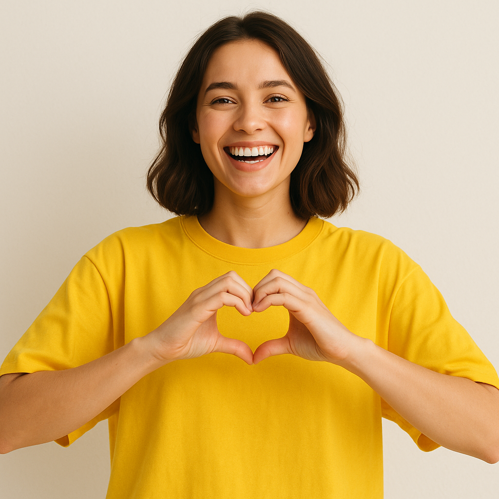 Customer in yellow tee, making heart hands