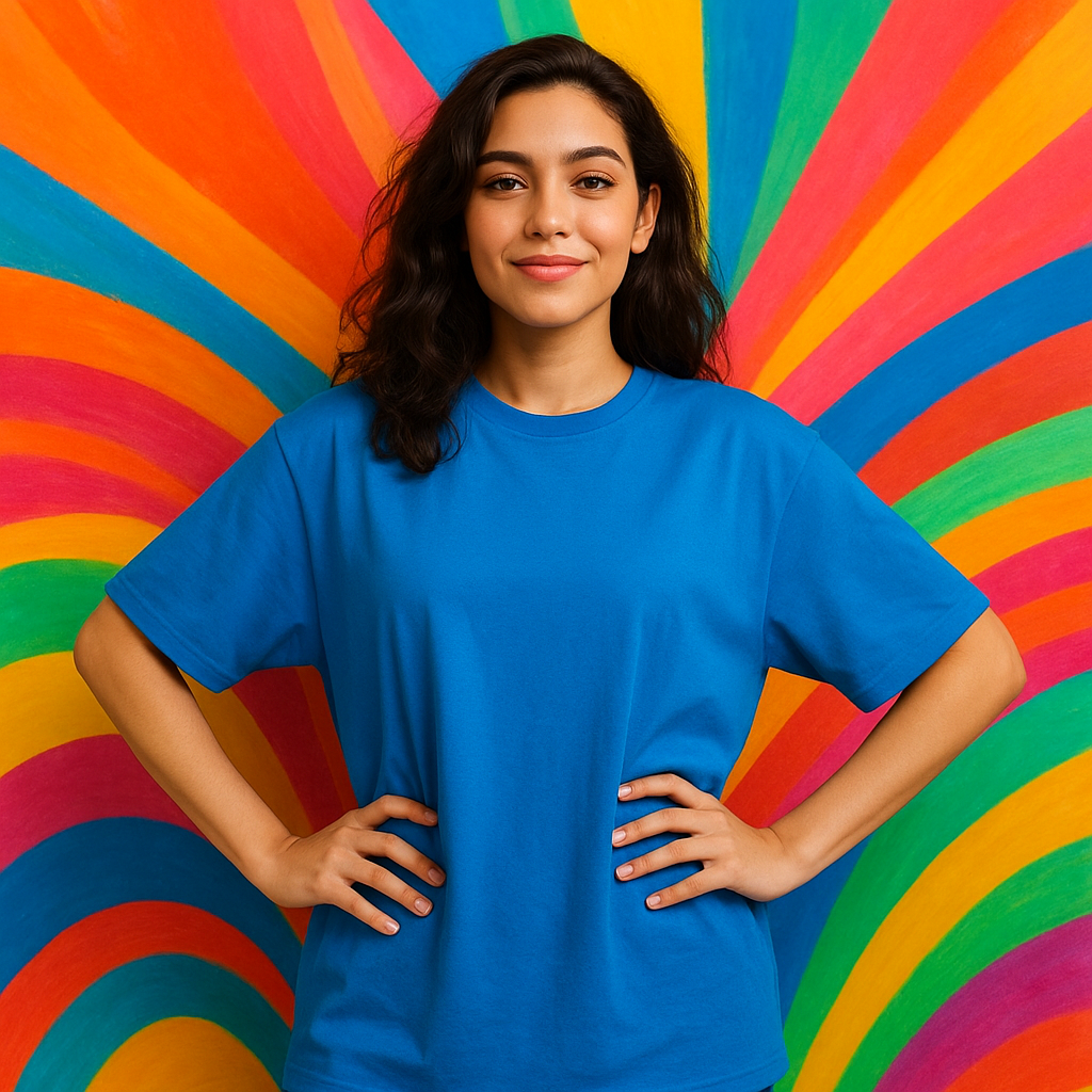 Customer posing in bright blue tee