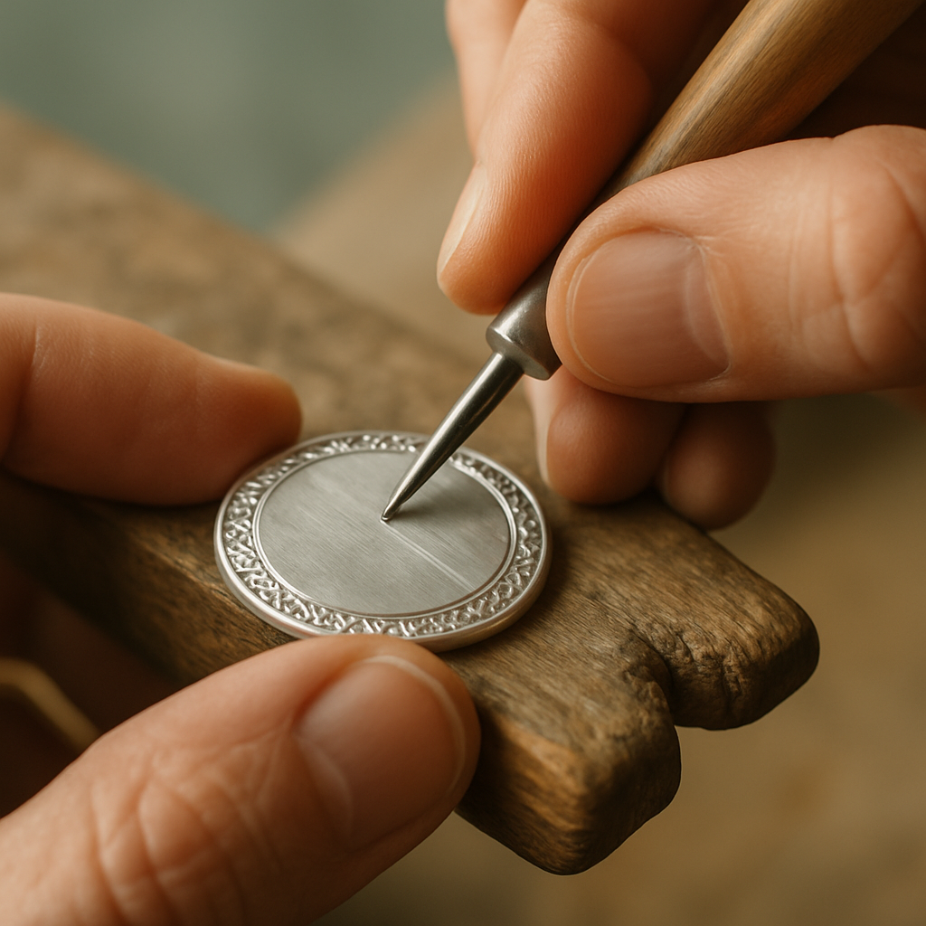 Close-up of an artisan hand engraving a silver pendant