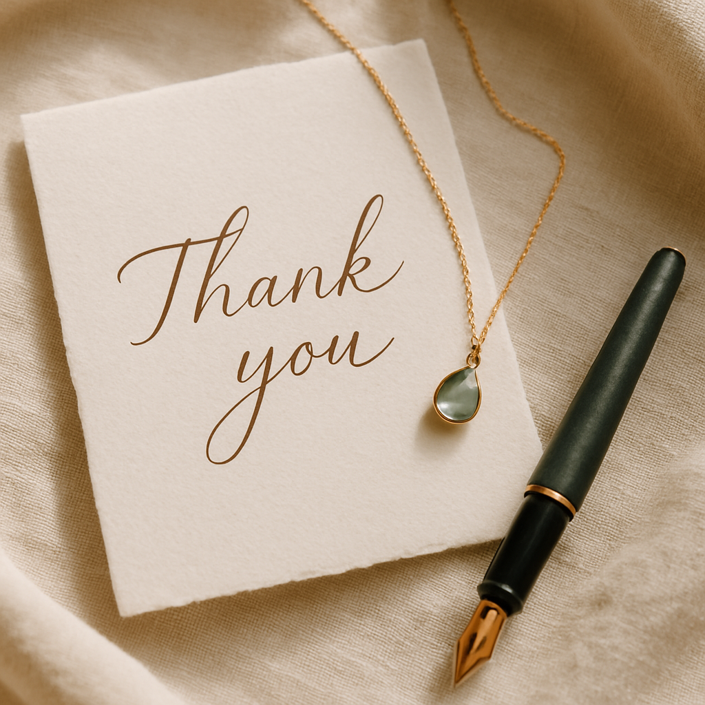 Handwritten gift note on textured stationery beside jewelry