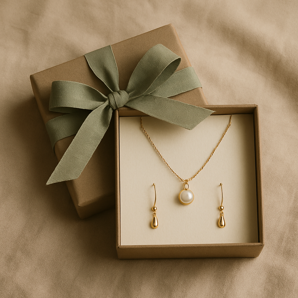 Gift-wrapped jewelry set with sage green accent ribbon