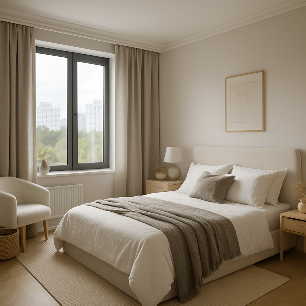 Bedroom with large window, Holosiivskyi apartment