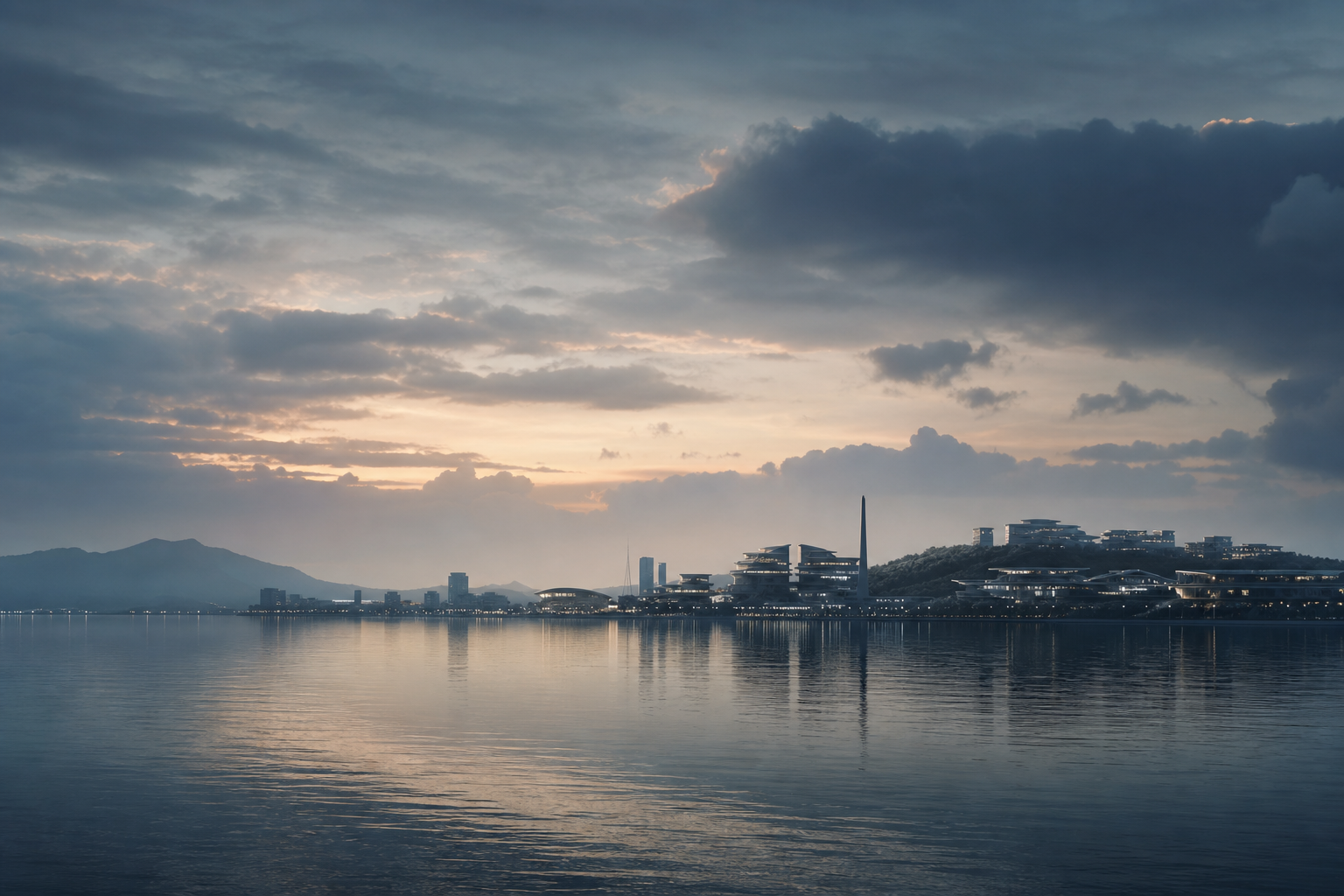 Atmospheric coastal horizon at dusk with calm water, distant civic skyline silhouettes, and layered clouds in muted blue-gray tones