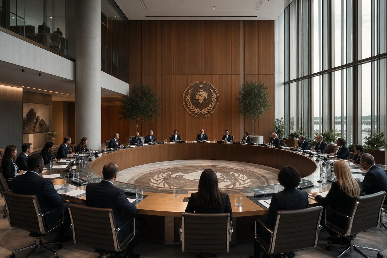 Refined international council chamber with delegates seated around a circular table beneath contemporary civic architecture