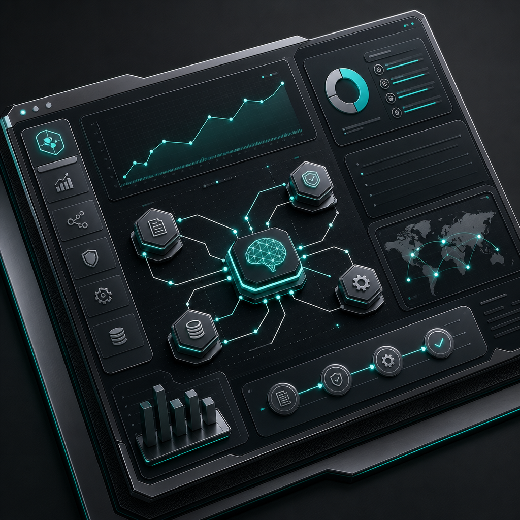 Isometric dashboard screen with teal data nodes and metallic panels representing AI execution