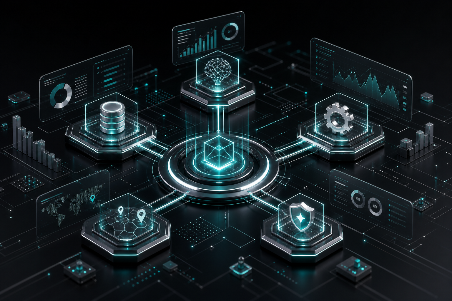Abstract autonomous business finance system with connected nodes, dashboard panels, and architectural circuit lines in a premium futuristic style