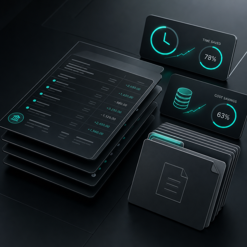 Minimal finance ledger tiles with teal highlights indicating time and cost savings