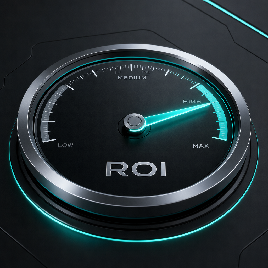 Futuristic ROI meter with metallic scale and teal indicator