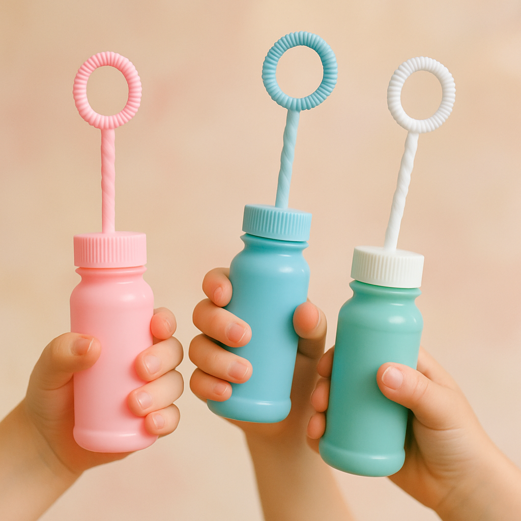 Close-up of colorful bubble wands and bottles in kids' hands