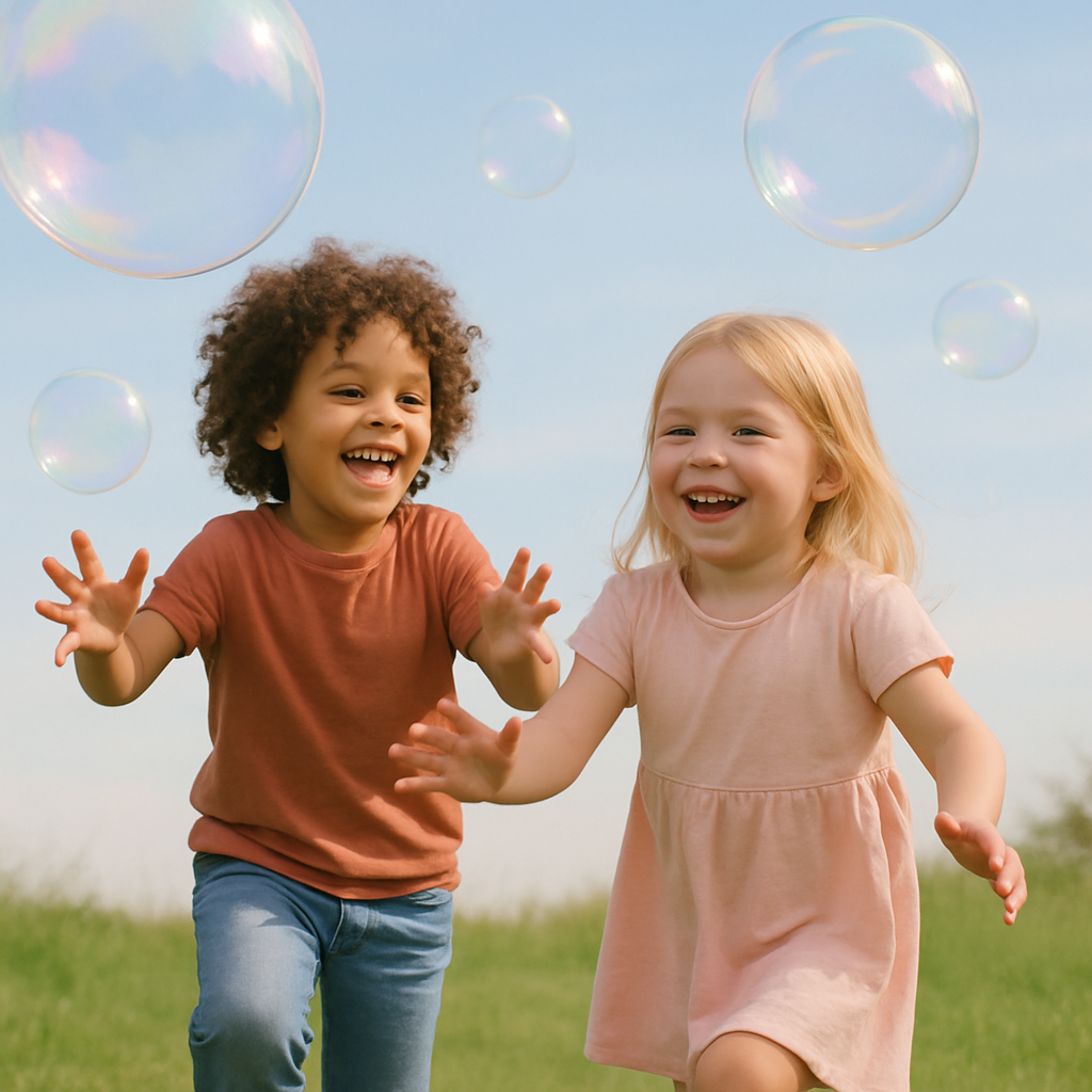 Huge, shimmering bubbles floating outdoors with happy kids