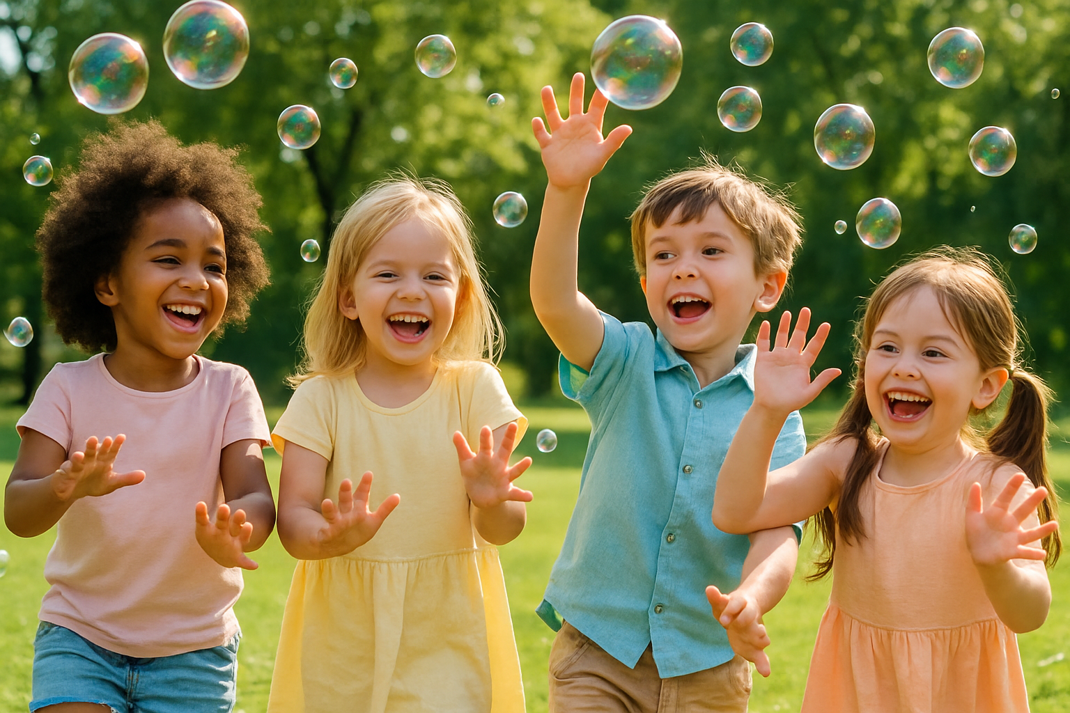 Happy children playing with bubbles in a sunny park